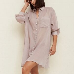 Pitusa Puka Shell Button Down Shirt Dress Medium Large Beige Cotton Gauze Resort